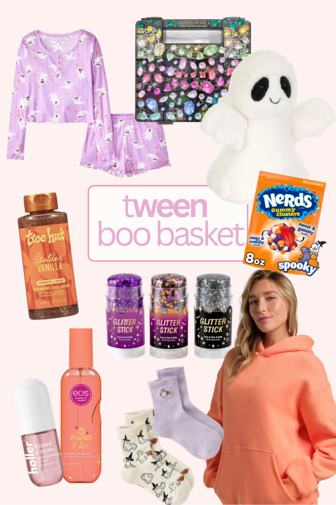 tween girl boo basket ideas laid out including hoodie, slippers, and candy